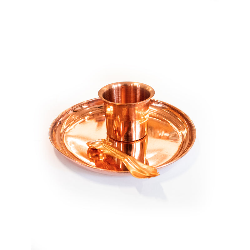 Pure Copper Plate, Panchapatra And Achamani Pali Set | Swaha
