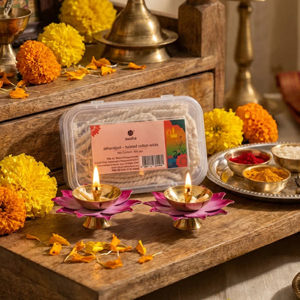 Lotus Diya Pack of 2 & Akhand Jyoth Short Wicks | Swaha