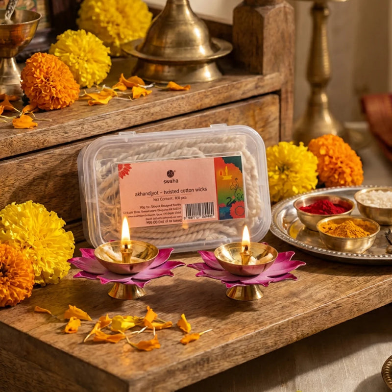 Lotus Diya Pack of 2 & Akhand Jyoth Short Wicks | Swaha