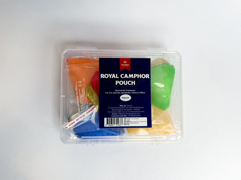 Royal Camphor Pouch (Pack of 5) 100% Organic | Air Freshener for Car, Wardrobe, Office Cabin's, Drawers, Travel Bag & Bathroom Visit the Swaha Store | Swaha