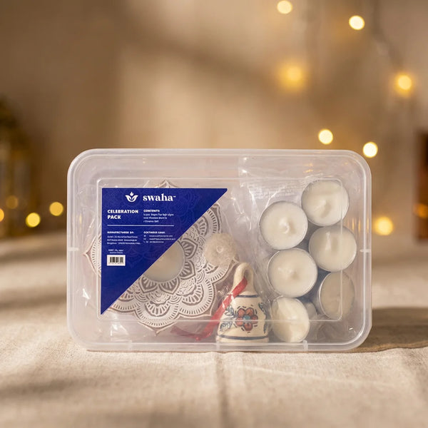 Celebration Pack | Vegan Tea Light Diyas | Wooden Block | Ceramic Bell | Swaha