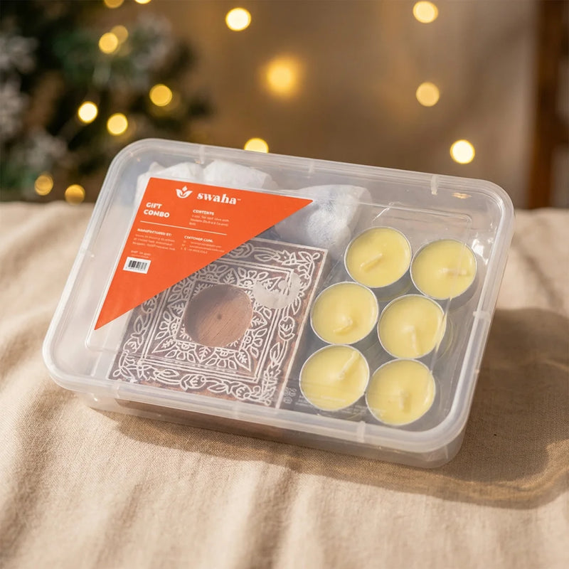 Gift Combo Pack | Tea Light Diyas | Wooden Blocks | Ceramic Bells | Swaha