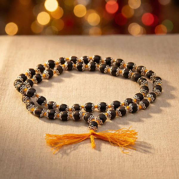 Karungali Mala with Silver Metal Cap 54  + 1 beads (Size 7 - 8mm) | Swaha