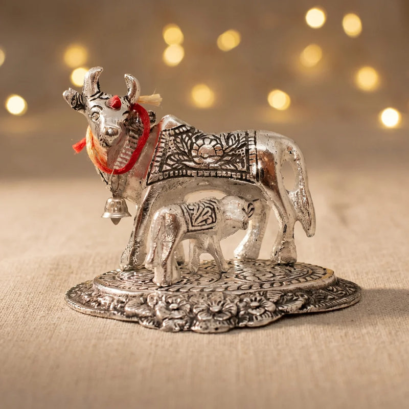 Cow And Calf | Kamdhenu Cow Statue | Silver Color Sacared Animal Idols | Puja and Decorations | Swaha