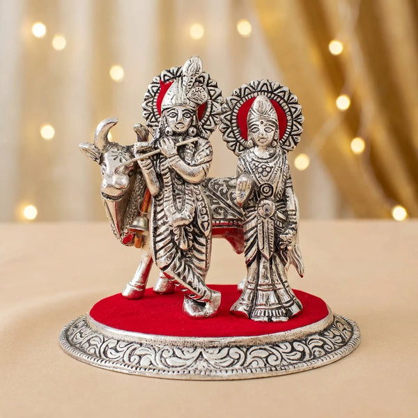 Radha Krishna Cow | Silver Color God Idol with Cow For Puja and Decoration | Swaha
