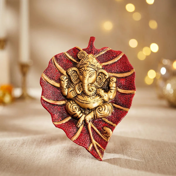 Leaf Ganesha | Wall Hanging Red and Golden Color Ganapathi Idols | Religious Decor for Home | God Showpiece | Swaha