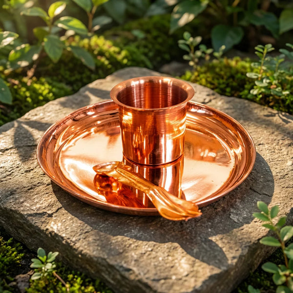 Pure Copper Plate, Panchapatra And Achamani Pali Set | Swaha