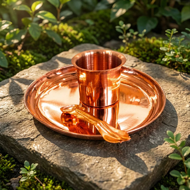 Pure Copper Plate, Panchapatra And Achamani Pali Set | Swaha