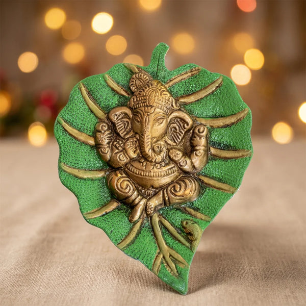 Leaf Ganesha | Wall Hanging Green and Golden Color Ganapathi Idols | Religious Decor for Home | God Showpiece | Swaha