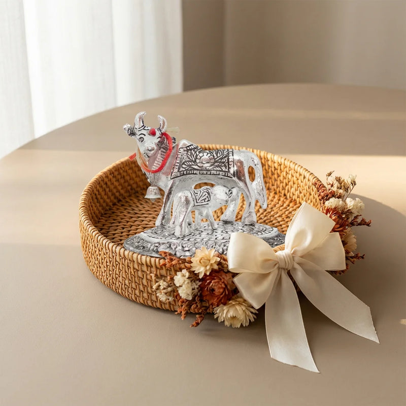Cow And Calf | Kamdhenu Cow Statue | Silver Color Sacared Animal Idols | Puja and Decorations | Swaha