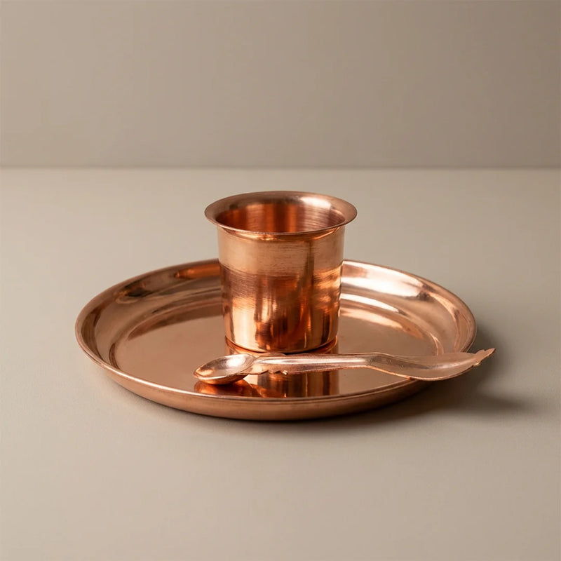 Pure Copper Plate, Panchapatra And Achamani Pali Set | Swaha
