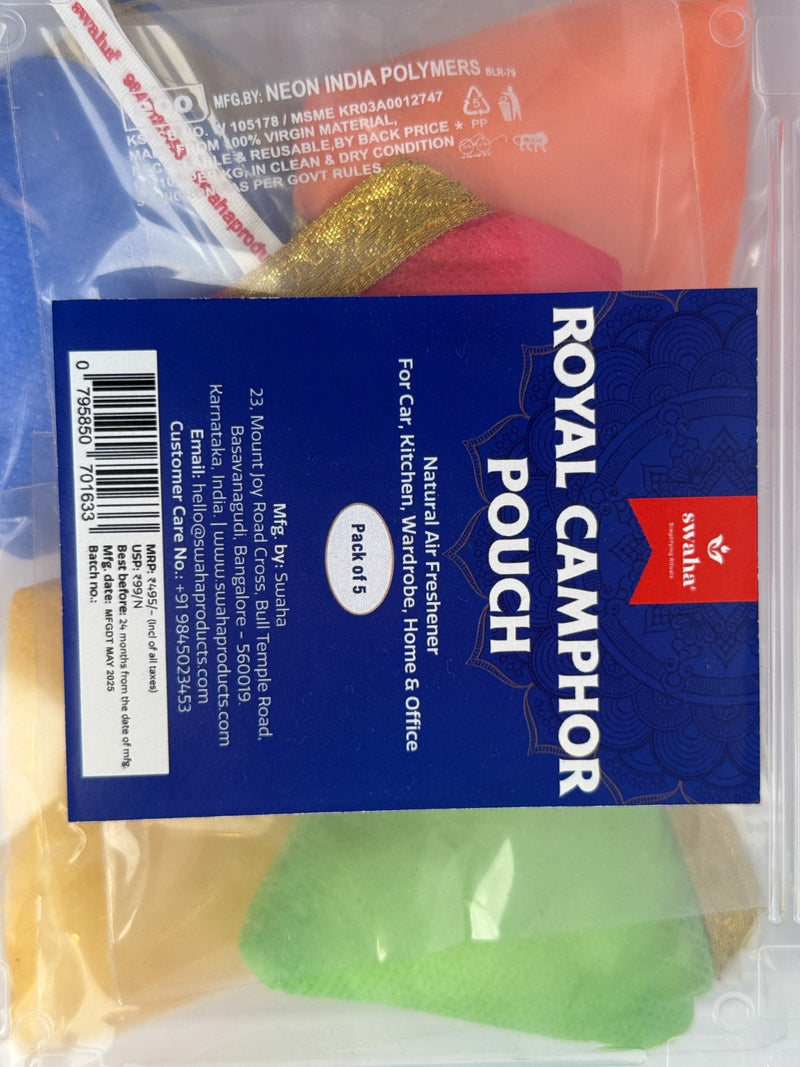 Royal Camphor Pouch (Pack of 5) 100% Organic | Air Freshener for Car, Wardrobe, Office Cabin's, Drawers, Travel Bag & Bathroom Visit the Swaha Store | Swaha