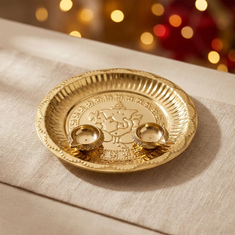 Brass Aarti Plate with a Pair of Kubera Deepa| Daily Pooja Products | Swaha