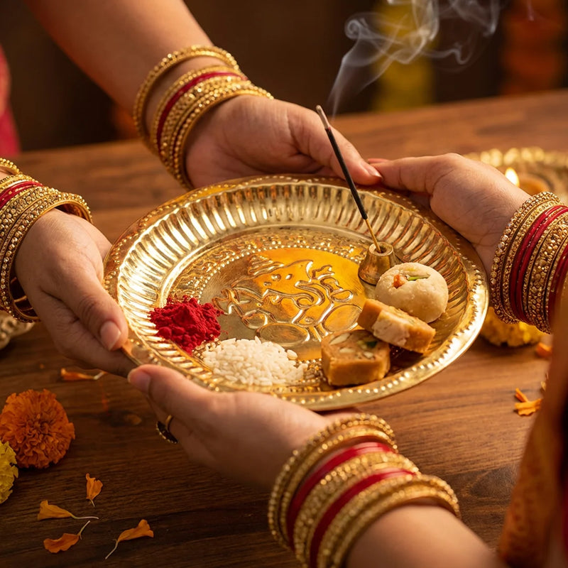 Brass Aarti Plate | 8.5in Diameter | Daily Pooja Products | Swaha