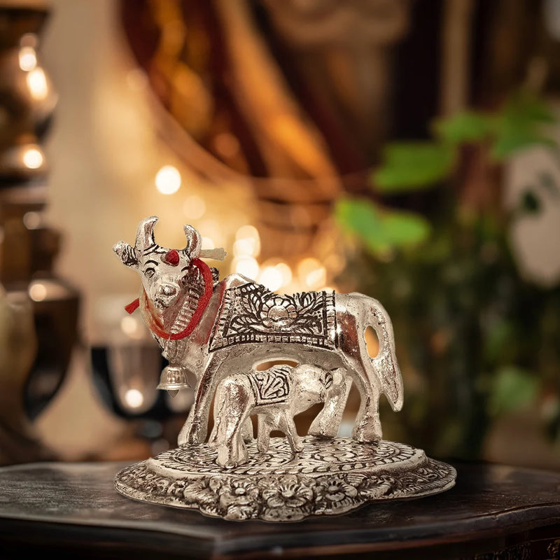 Cow And Calf | Kamdhenu Cow Statue | Silver Color Sacared Animal Idols | Puja and Decorations | Swaha