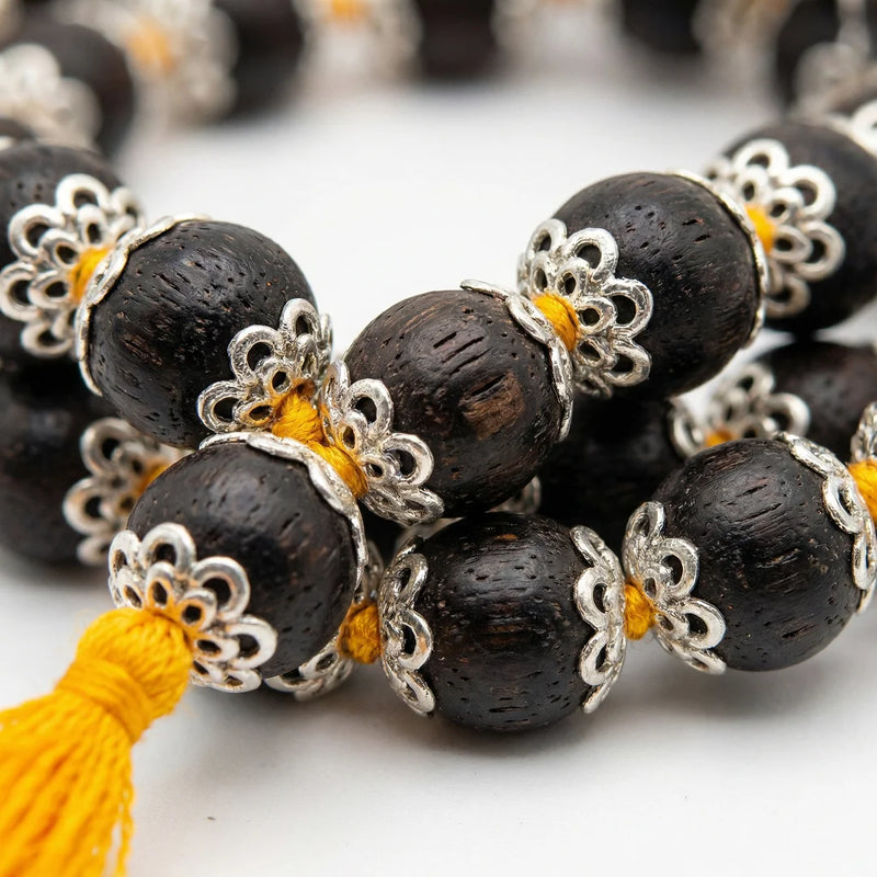 Karungali Mala with Silver Metal Cap 54  + 1 beads (Size 7 - 8mm) | Swaha