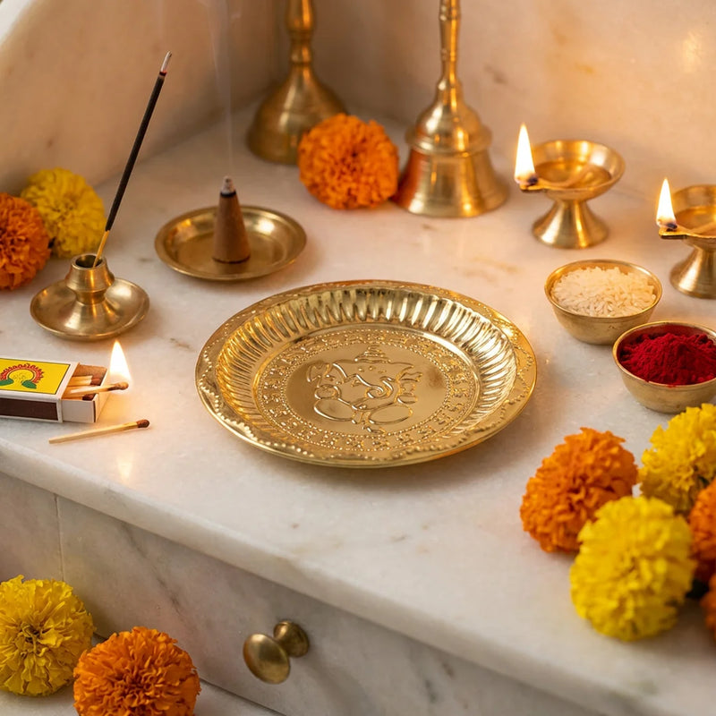 Brass Aarti Plate | 8.5in Diameter | Daily Pooja Products | Swaha