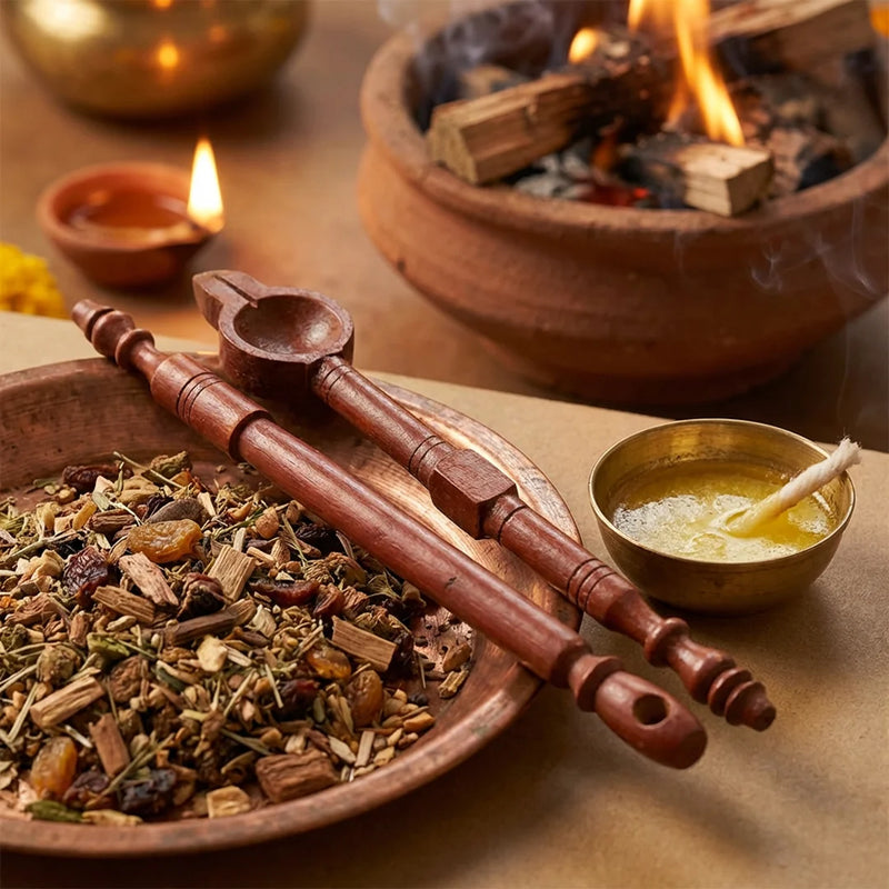 Wooden Havan Spoon | Dark Brown Color Sruba & Sruchi Homam Spoons | Swaha