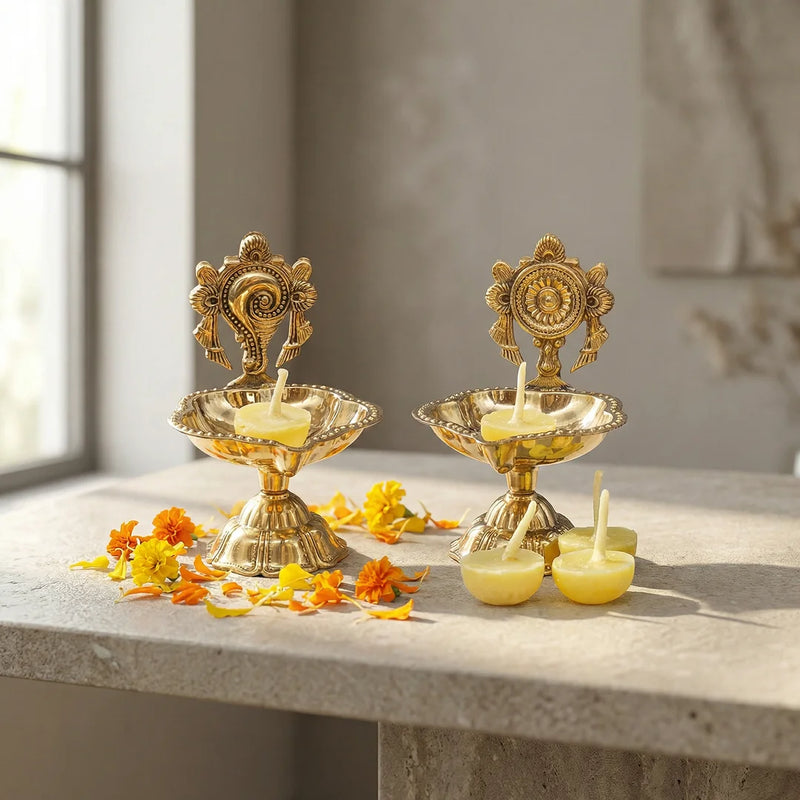 Swaha Brass Shankh Chakra Deepam (Pair)