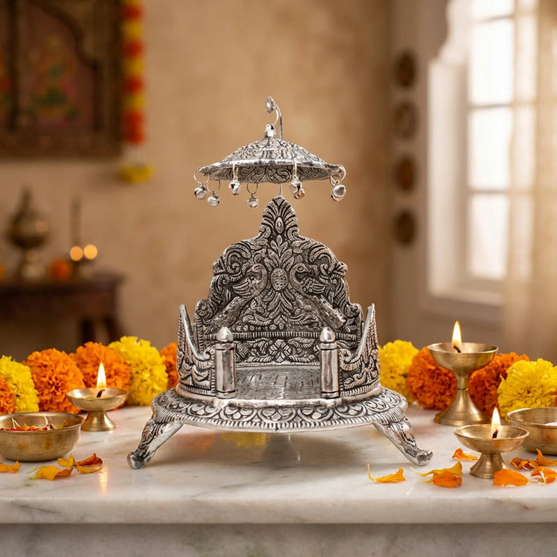 Singhasan | Round Silver Color Singhasanam For God Idols | Home Puja and Decoration | Swaha