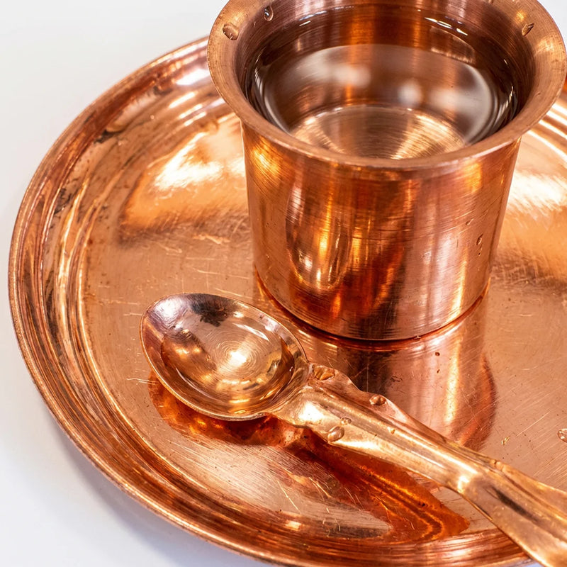 Pure Copper Plate, Panchapatra And Achamani Pali Set | Swaha