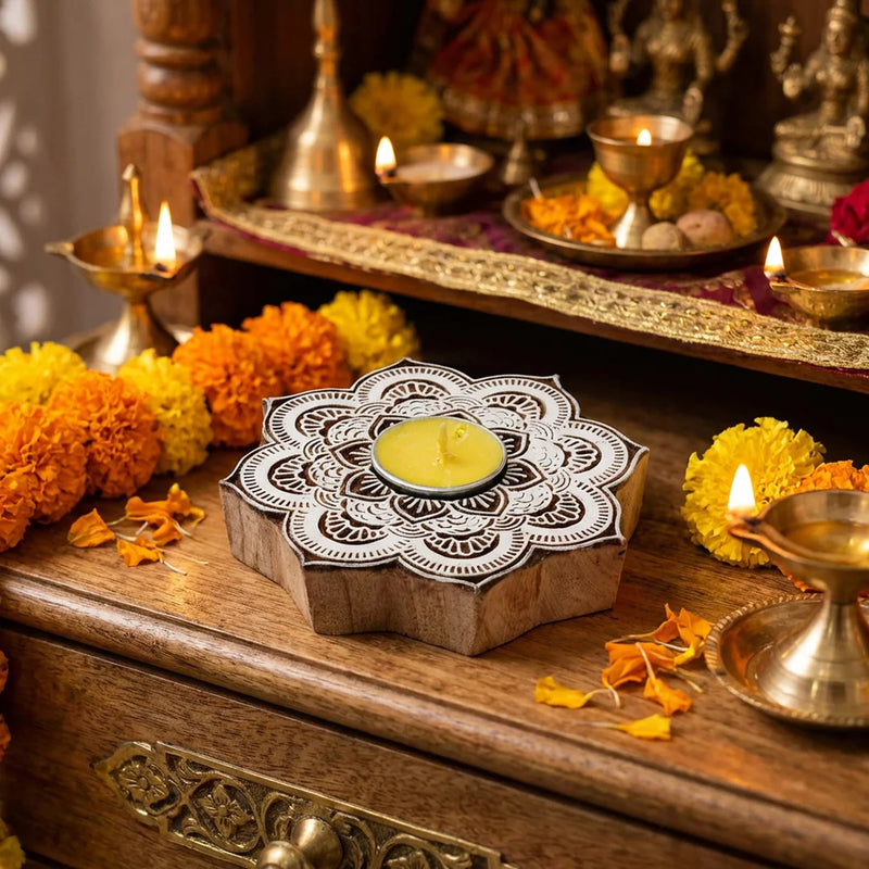 Celebration Pack | Vegan Tea Light Diyas | Wooden Block | Ceramic Bell | Swaha