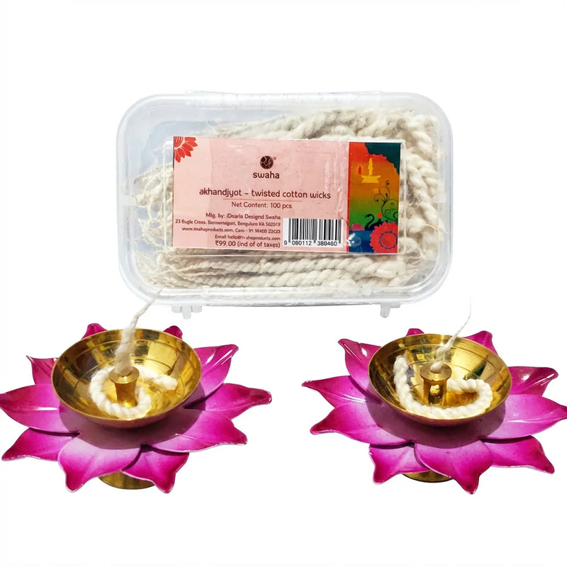 Lotus Diya Pack of 2 & Akhand Jyoth Short Wicks | Swaha