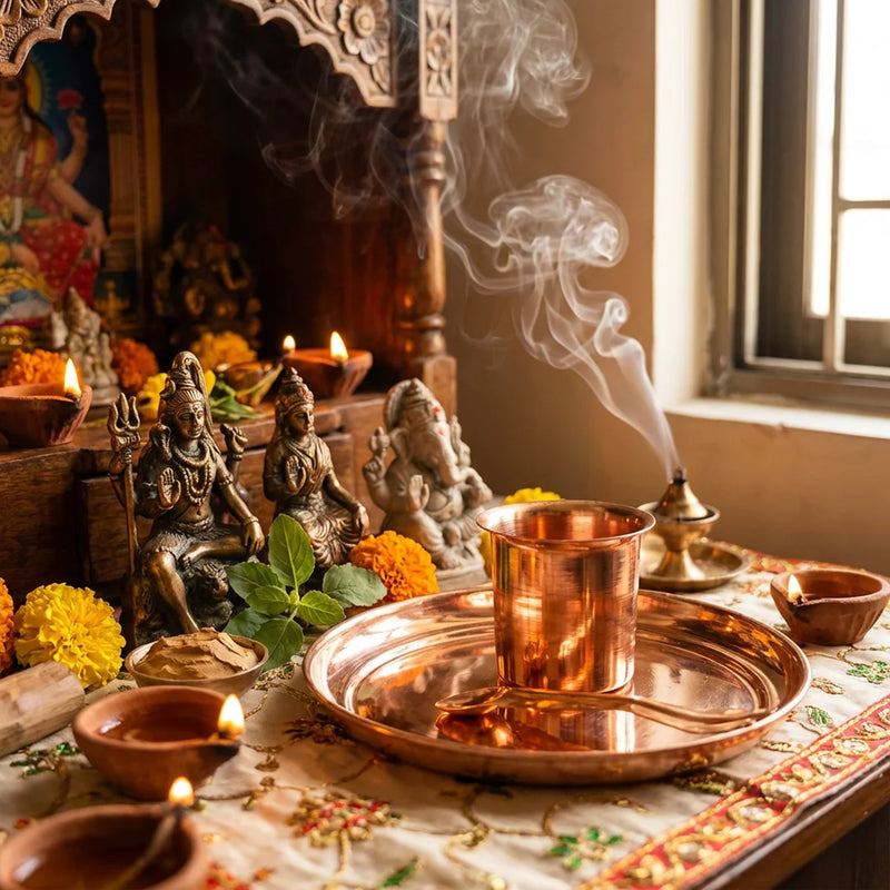 Pure Copper Plate, Panchapatra And Achamani Pali Set | Swaha