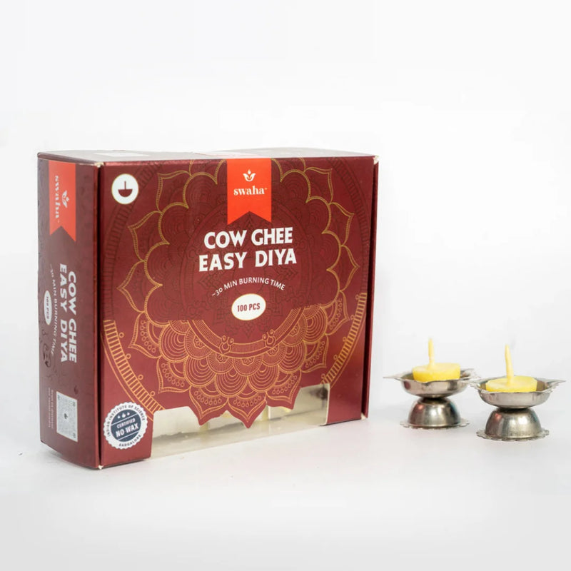 Cow Ghee Diya Gift Box - 30 Ghee Wicks & 2 Steel Diyas | 30min Burning Time | Wax Free Cow ghee Diya for puja | Swaha