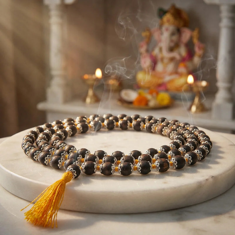 Karungali Mala with Silver Metal Cap 54  + 1 beads (Size 7 - 8mm) | Swaha