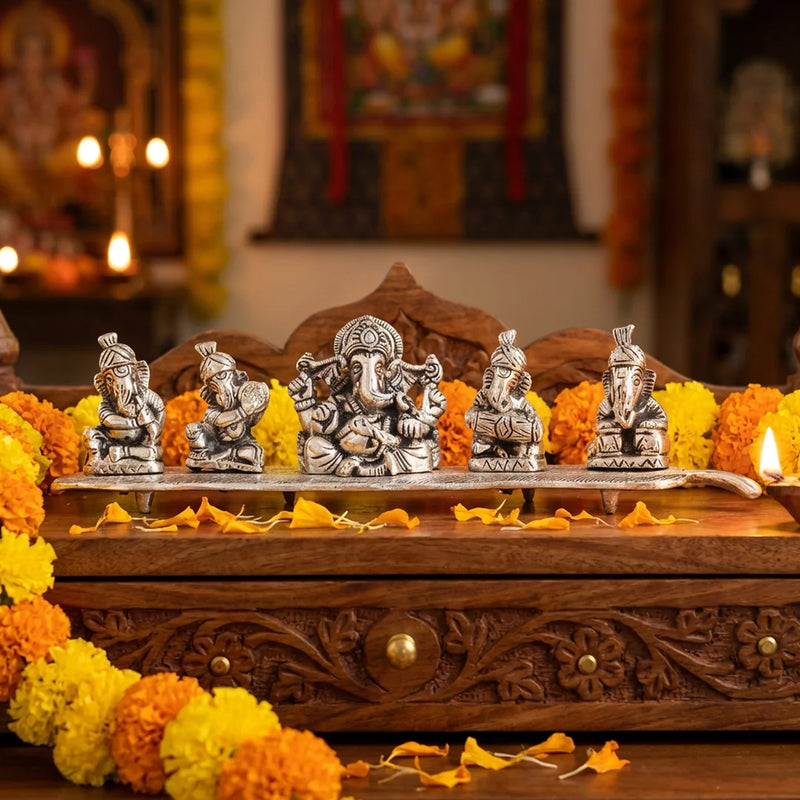 5 Musical Ganesha Idols | Set of 5 Ganesha Murthi Statue with Musical Instruments | Home Decorations | Swaha
