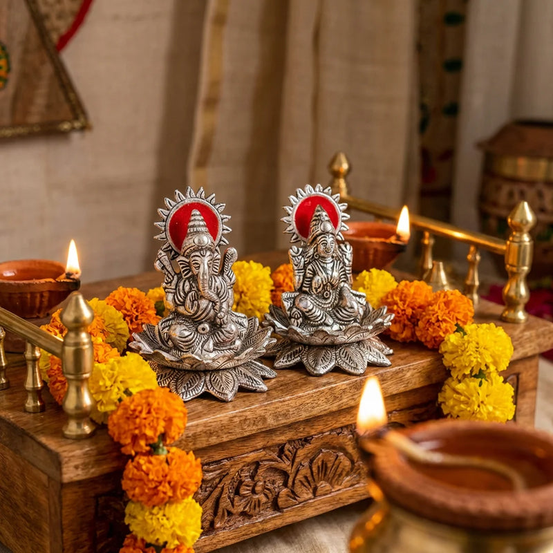 Laxmi Ganesha Pair | God Statues on Kamal | Religious Sculptures for Pooja | Swaha