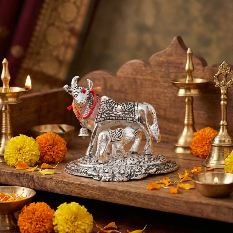 Cow And Calf | Kamdhenu Cow Statue | Silver Color Sacared Animal Idols | Puja and Decorations | Swaha