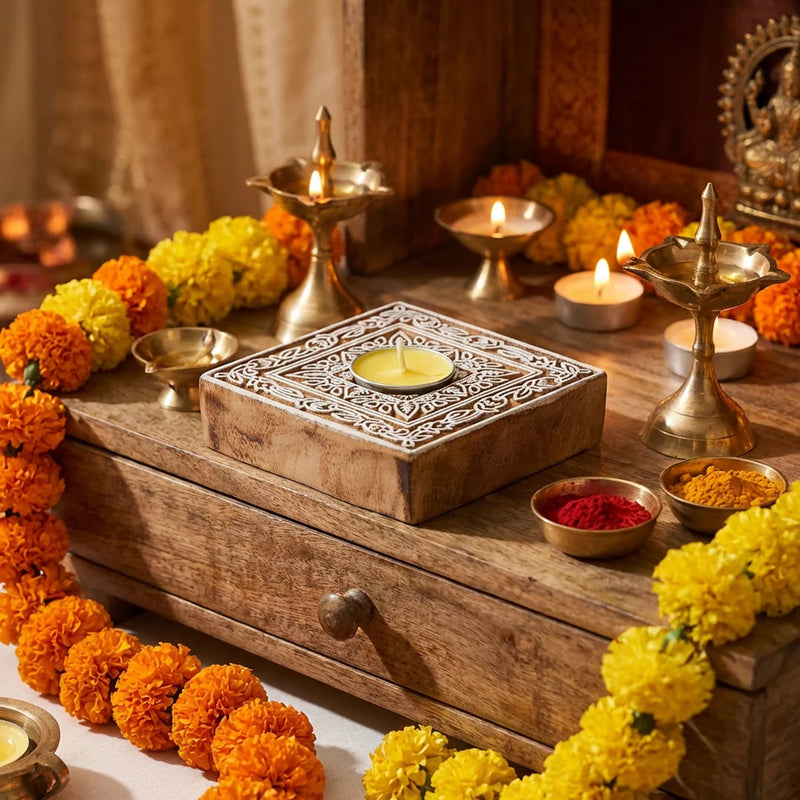 Gift Combo Pack | Tea Light Diyas | Wooden Blocks | Ceramic Bells | Swaha