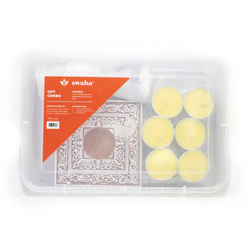 Gift Combo Pack | Tea Light Diyas | Wooden Blocks | Ceramic Bells | Swaha
