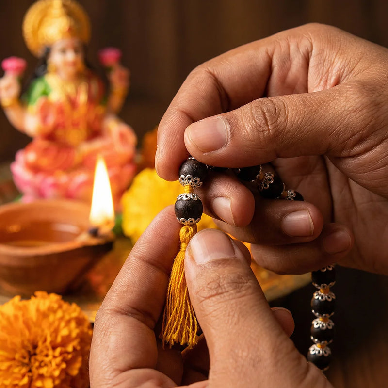 Karungali Mala with Silver Metal Cap 54  + 1 beads (Size 7 - 8mm) | Swaha