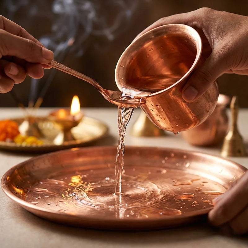 Pure Copper Plate, Panchapatra And Achamani Pali Set | Swaha