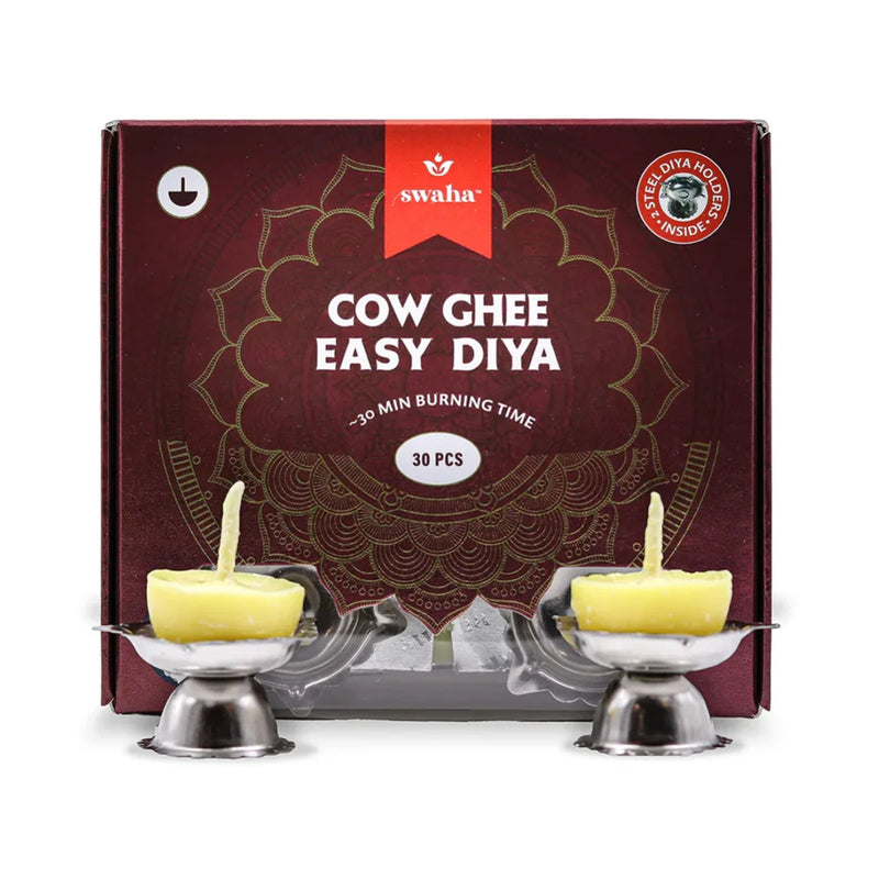 Cow Ghee Diya Gift Box - 30 Ghee Wicks & 2 Steel Diyas | 30min Burning Time | Wax Free Cow ghee Diya for puja | Swaha