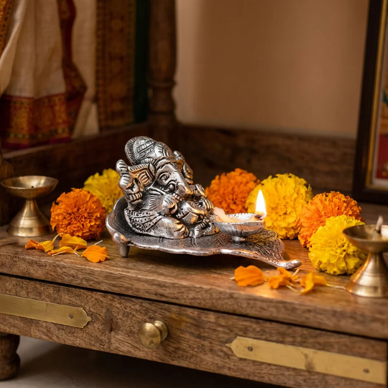 Pipal Leaf Ganesha Idol with Diya Holder|  Ganapathi Sculpture | Home Decorations | Swaha
