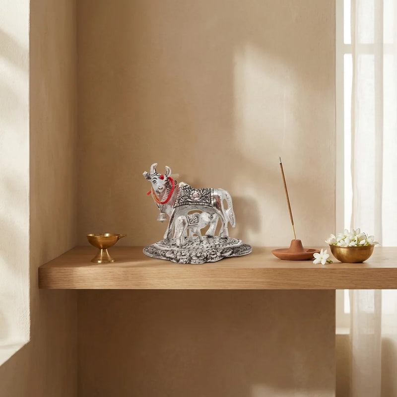 Cow And Calf | Kamdhenu Cow Statue | Silver Color Sacared Animal Idols | Puja and Decorations | Swaha