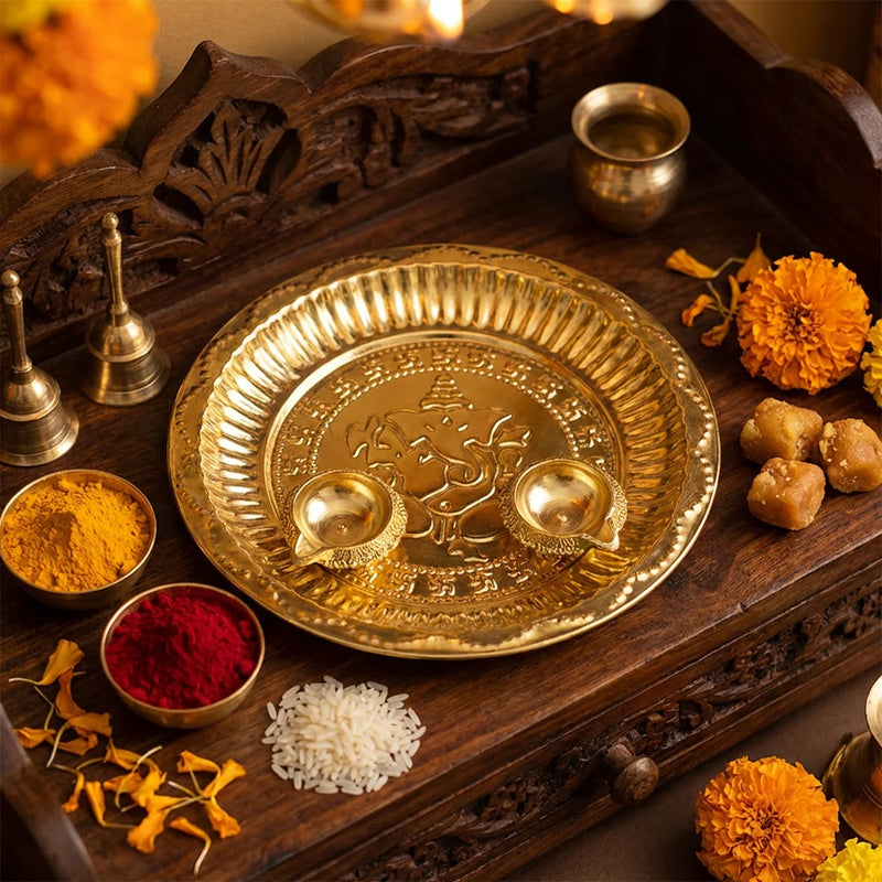 Brass Aarti Plate with a Pair of Kubera Deepa| Daily Pooja Products | Swaha