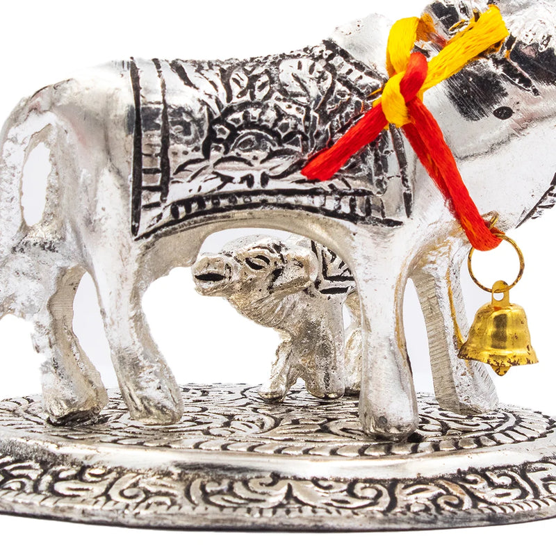 Cow And Calf | Kamdhenu Cow Statue | Silver Color Sacared Animal Idols | Puja and Decorations | Swaha