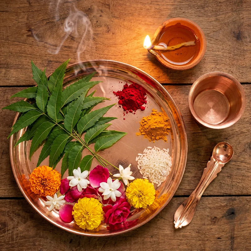 Pure Copper Plate, Panchapatra And Achamani Pali Set | Swaha