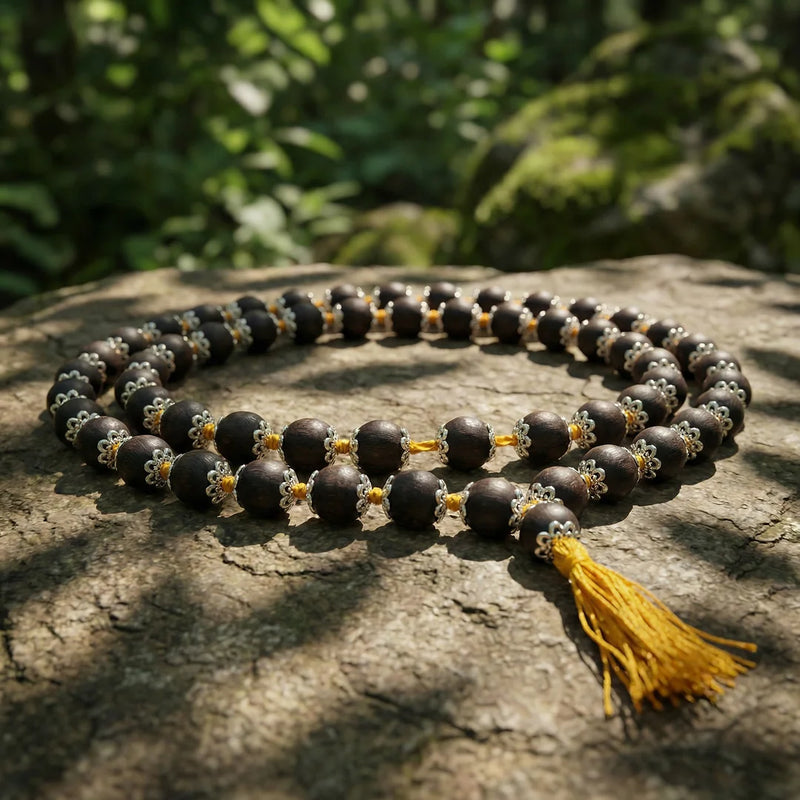 Karungali Mala with Silver Metal Cap 54  + 1 beads (Size 7 - 8mm) | Swaha