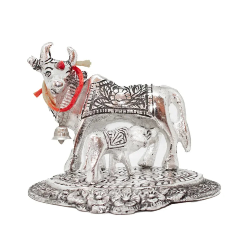 Cow And Calf | Kamdhenu Cow Statue | Silver Color Sacared Animal Idols | Puja and Decorations | Swaha