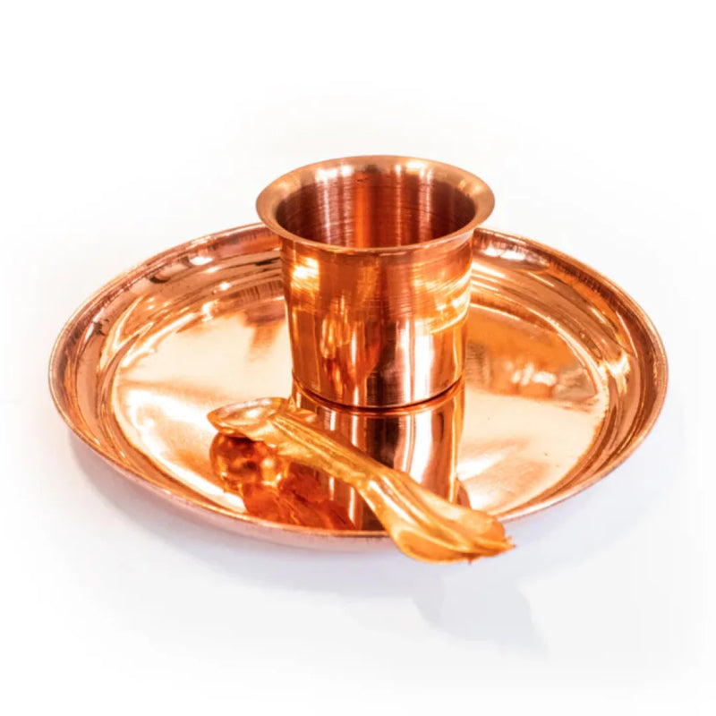 Pure Copper Plate, Panchapatra And Achamani Pali Set | Swaha