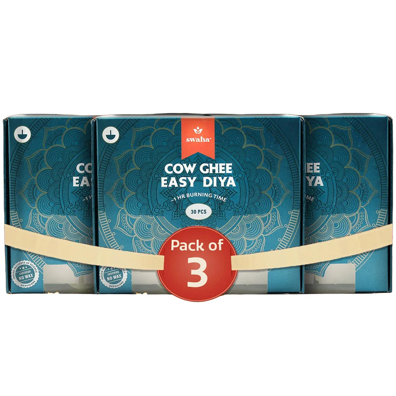 Cow Ghee Diya Wicks | 60mins Burning Time - Combo Pack of 3 | Swaha