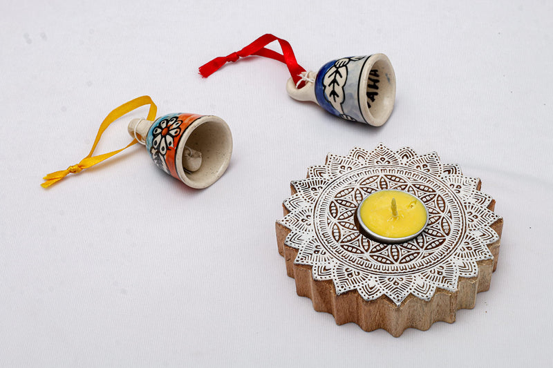 Gift Combo Pack | Tea Light Diyas | Wooden Blocks | Ceramic Bells | Swaha