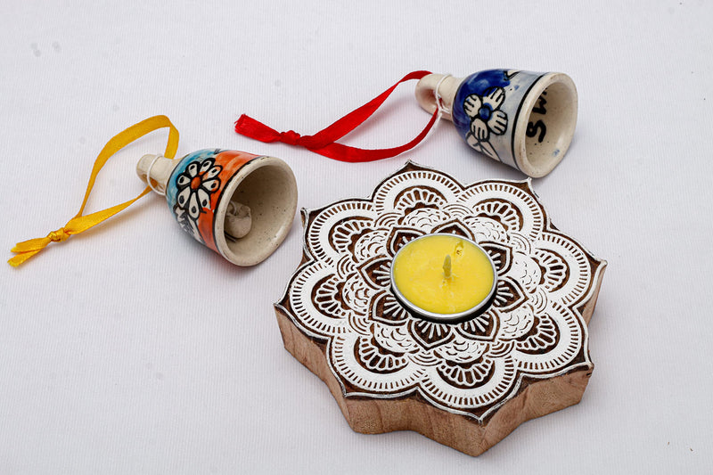 Gift Combo Pack | Tea Light Diyas | Wooden Blocks | Ceramic Bells | Swaha
