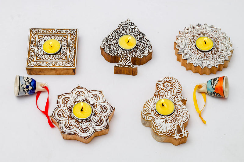 Gift Combo Pack | Tea Light Diyas | Wooden Blocks | Ceramic Bells | Swaha